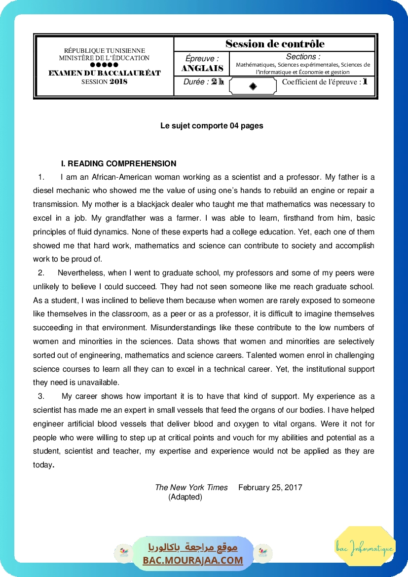 Corrigé controle anglais Bac 2018 – Section info